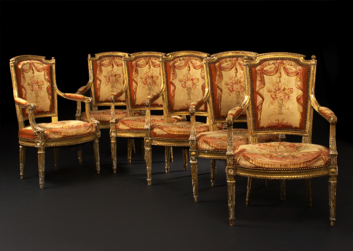 Appraisal: Suite of Six Louis XVI-Style Giltwood Fauteuils third quarter th