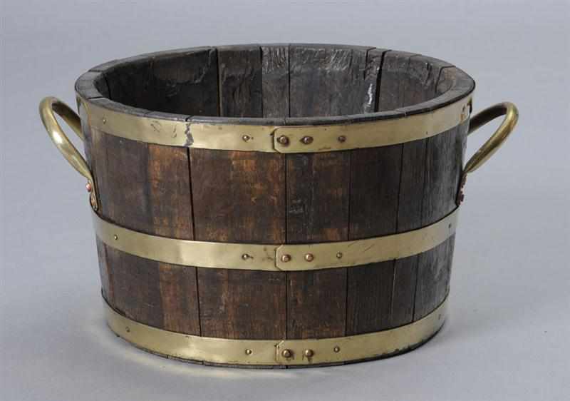 Appraisal: ENGLISH BRASS-BANDED OAK BUCKET With three bands and c-scroll handles