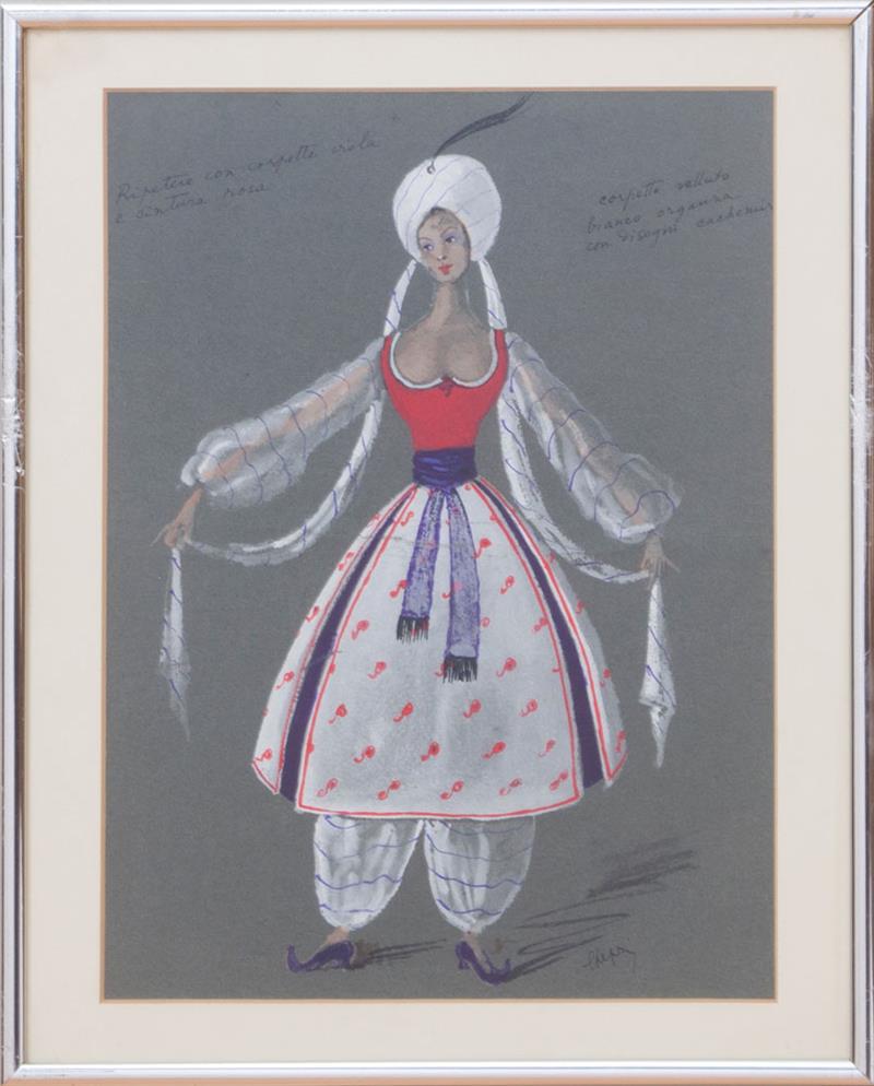 Appraisal: STANISLAS LEPRI - COSTUME DESIGNS THREE DRAWINGS Three watercolor and