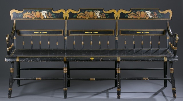 Appraisal: th c Hitchcock Style Fancy Bench Later black paint with