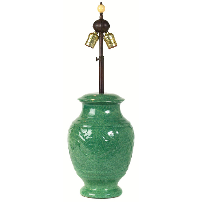 Appraisal: Cowan lamp base light green high-glaze pottery base with organic