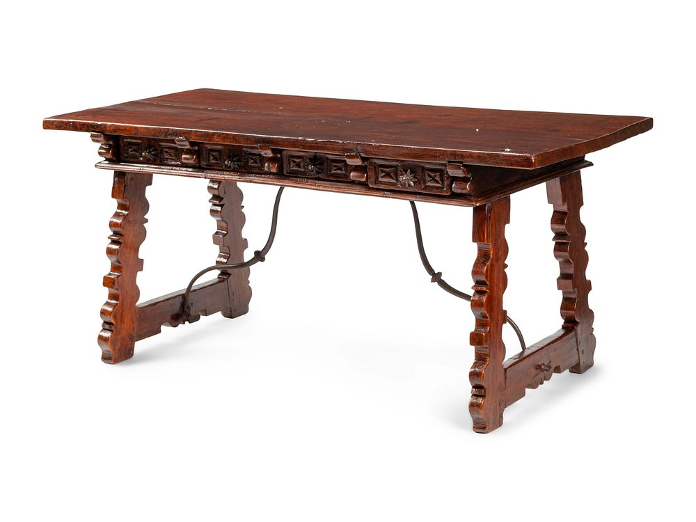 Appraisal: A Spanish Iron Mounted Walnut Trestle Table A Spanish Iron