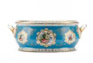 Appraisal: Large Blue Porcelain Floral Handled Foot Basin Continental late th