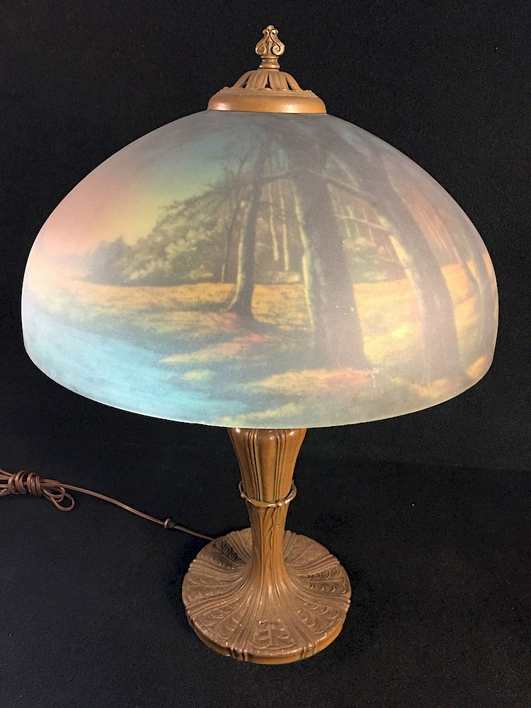 Appraisal: Jeanette Reverse Painted Scenic Lamp Jeanette Large Reverse Painted Lamp