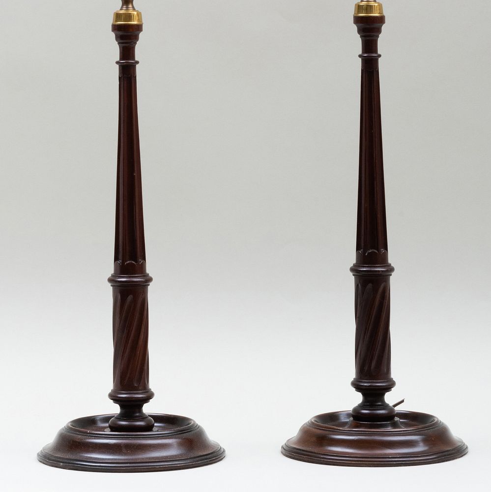 Appraisal: Pair of Mahogany Candlestick Lamps x in diam to socket