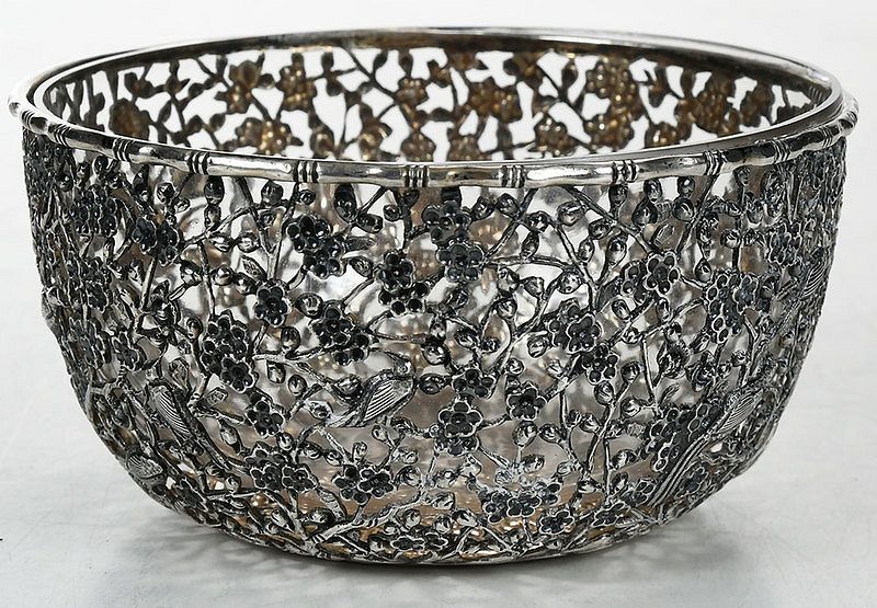 Appraisal: Asian Openwork Silver Bowl with Glass Liner probably Japanese late