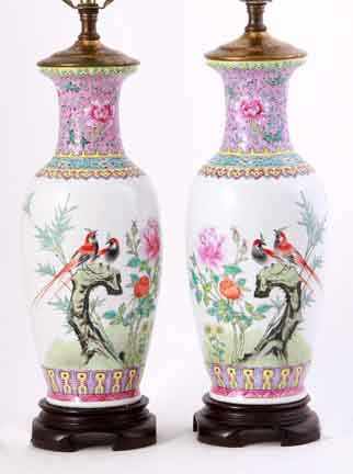 Appraisal: Pair Chinese porcelain vases converted to lamps famille rose baluster