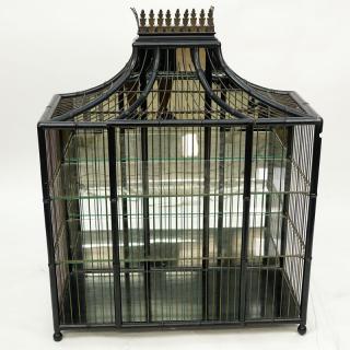 Appraisal: Vintage Bamboo Black Painted wall-hung Etagere with glass shelves Rubbing