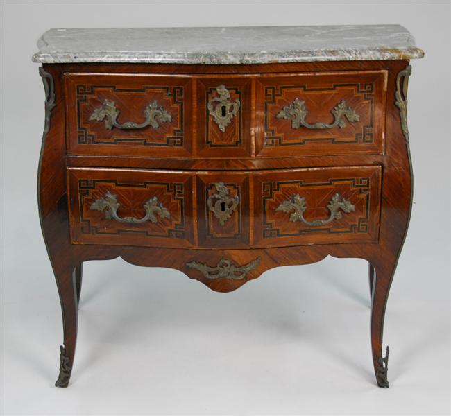 Appraisal: LOUIS XV BOMBE MARBLE TOP PARQUETRY INLAID ORMOLU MOUNTED COMMODE