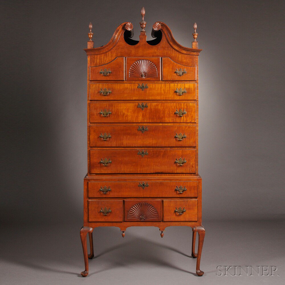 Appraisal: Queen Anne-style Tiger Maple High Chest in the New Hampshire