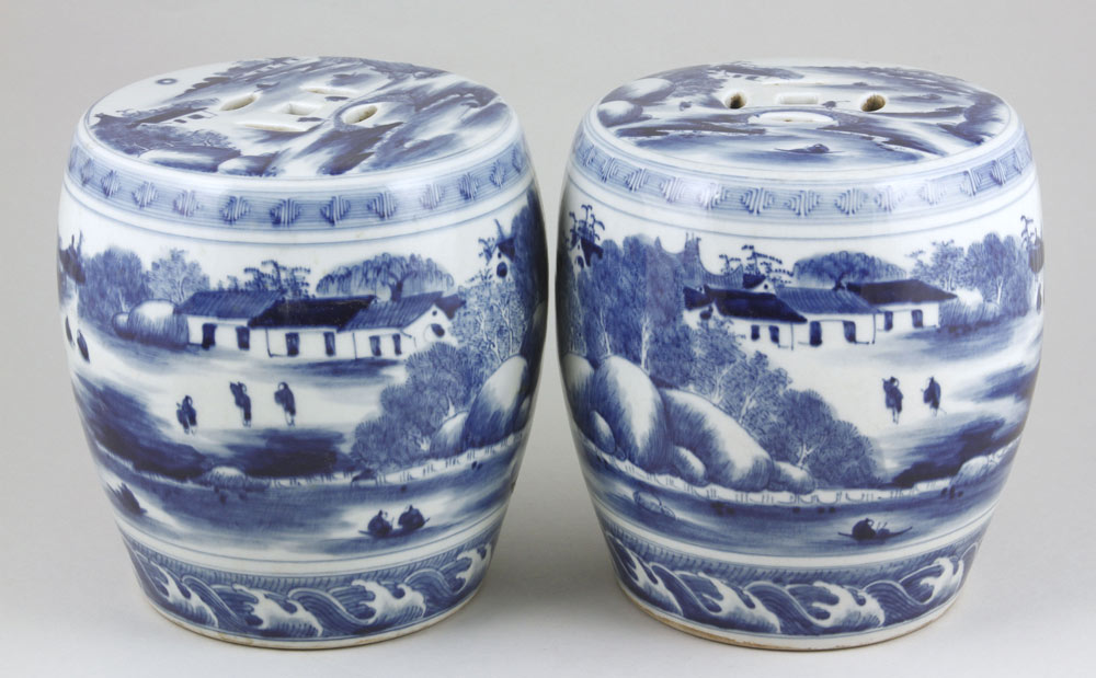 Appraisal: - Chinese Pair of Porcelain Garden Seats Pair of Blue