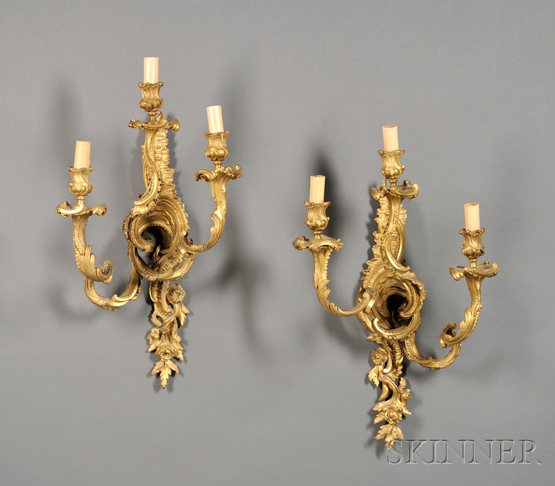 Appraisal: Pair of Louis XIV Style Gilt-bronze Three-Light Wall Sconces French