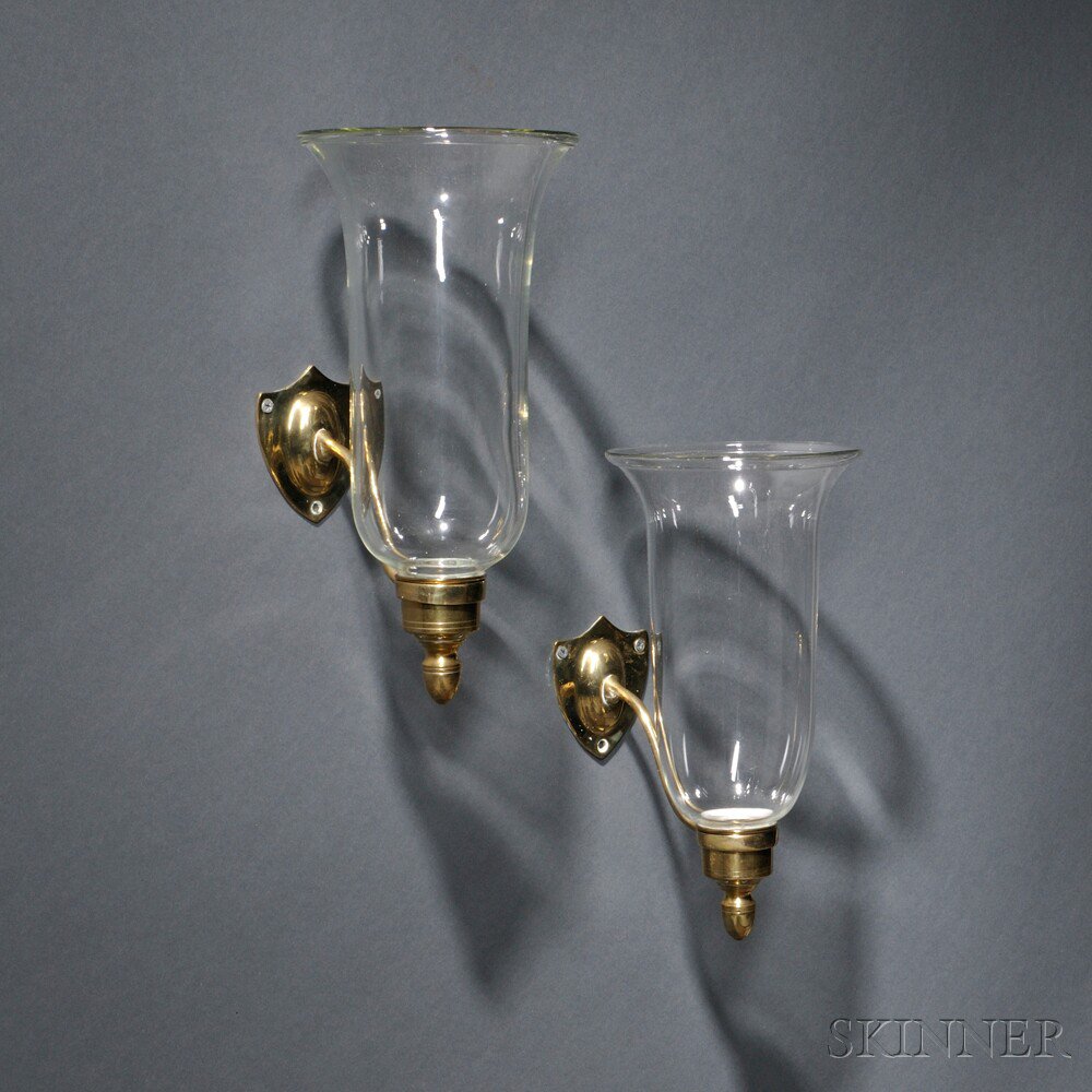 Appraisal: Pair of Shield-shaped Brass and Glass Candle Sconces America or