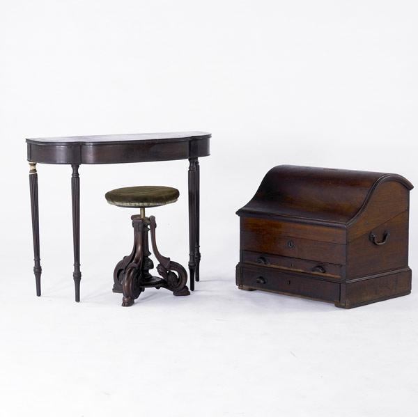 Appraisal: TRADITIONAL FURNITURE Three items include Victorian organ stool reproduction Sheraton