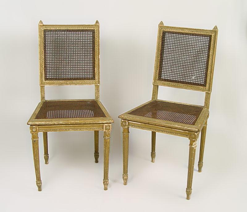 Appraisal: PAIR LOUIS XVI FRENCH CANE CHAIRS Soft green chippy paint