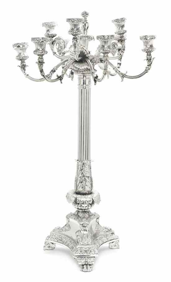 Appraisal: An English Silverplate Nine-Light Candelabrum Matthew Boulton Sheffield the reeded