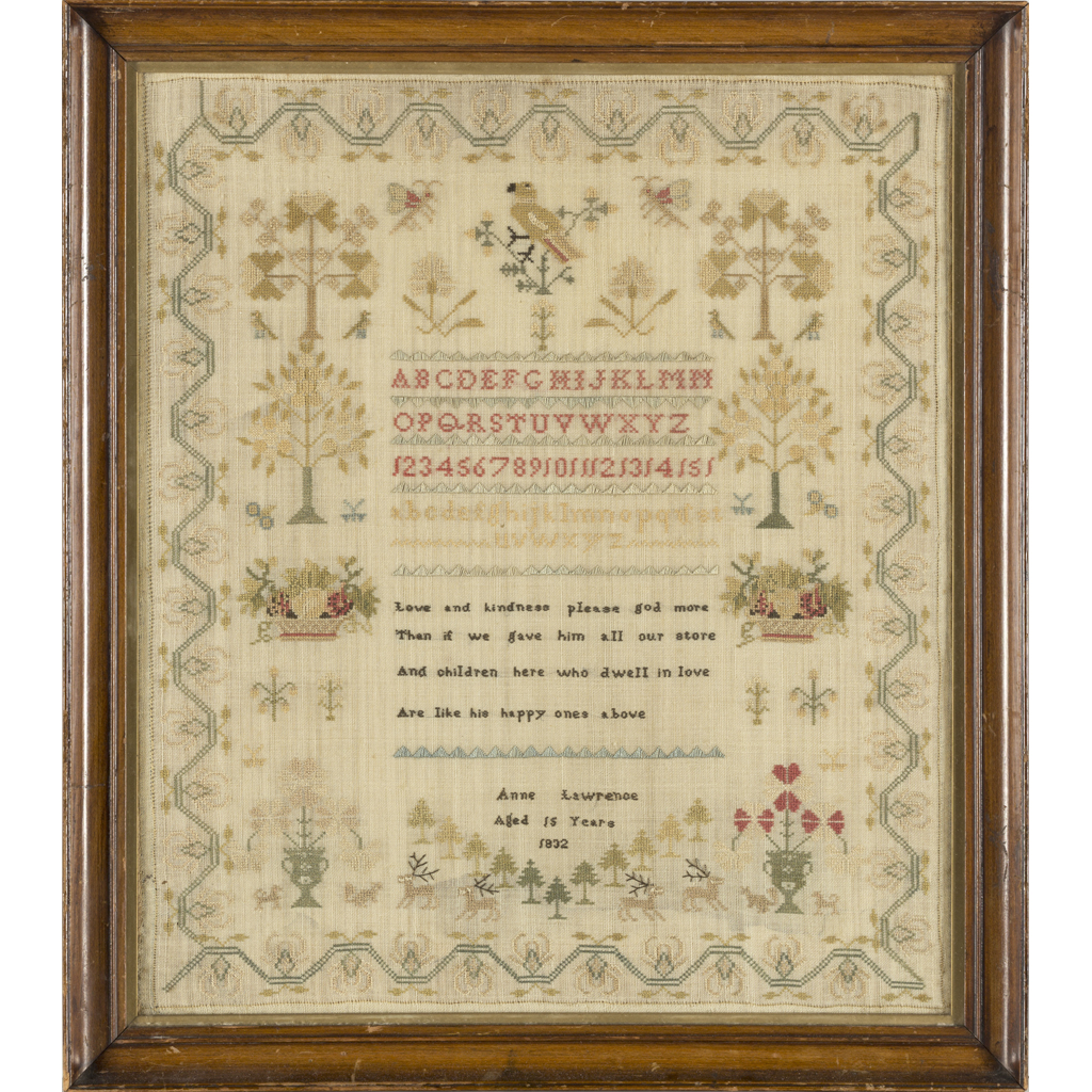 Appraisal: FRAMED NEEDLEWORK SAMPLER BY ANNE LAWRENCE DATED with two alphabets