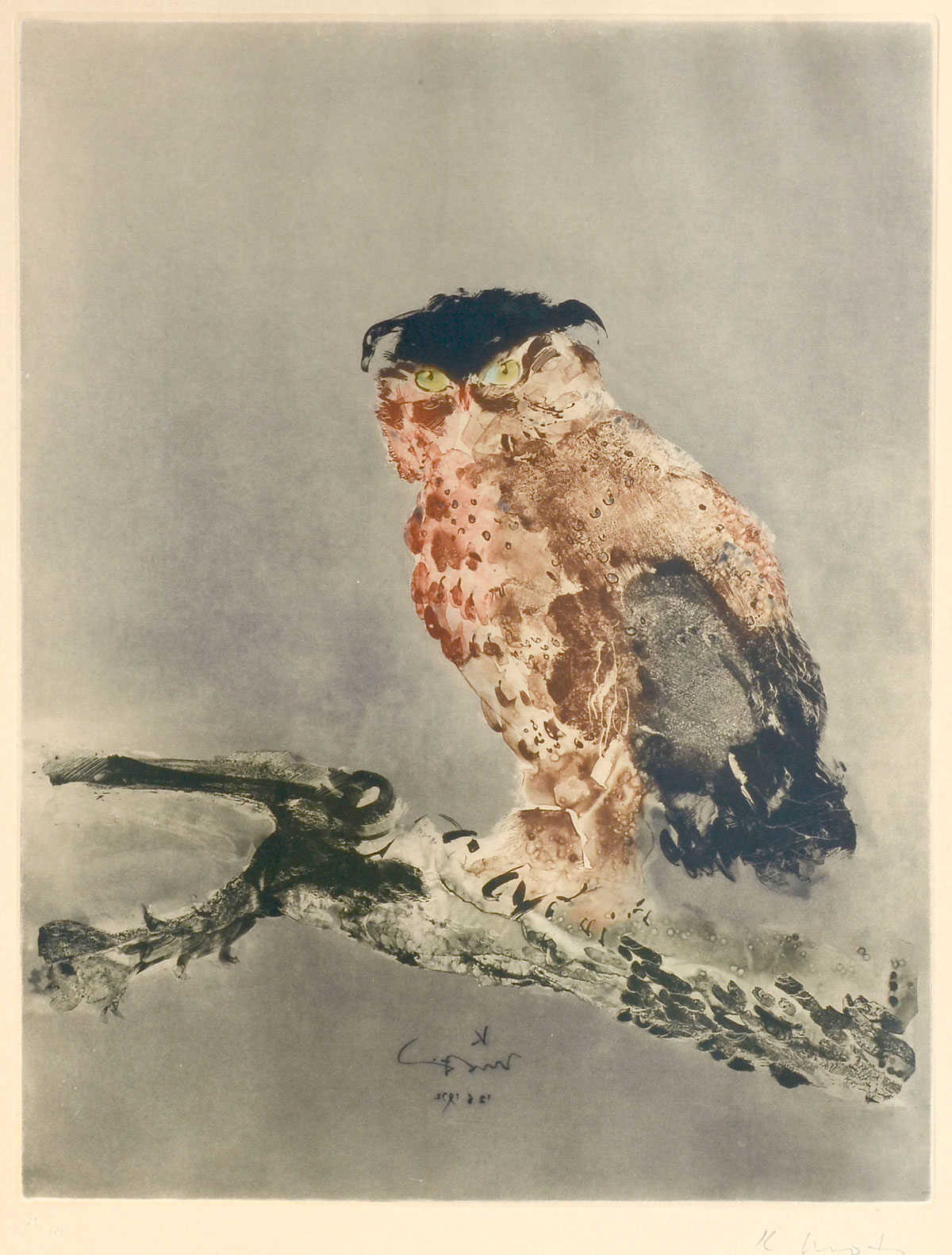 Appraisal: MOTI Kaiko India - Owl etching and aquatint sight size