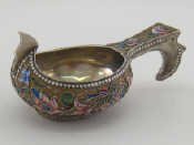 Appraisal: A Russian silver-gilt and shaded cloisonne enamel kovsh mark of