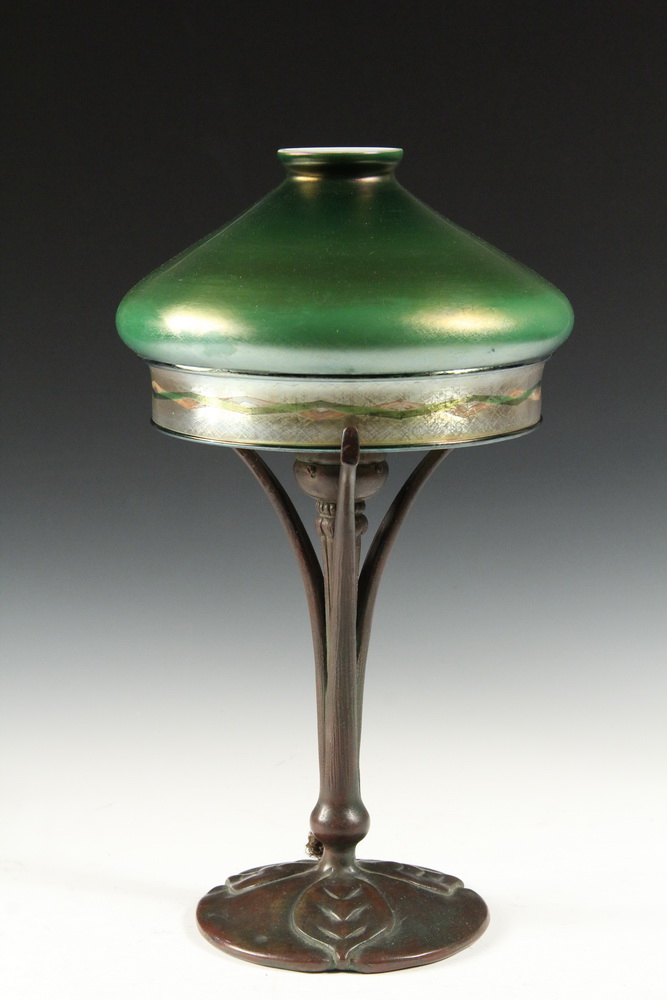 Appraisal: TIFFANY BOUDOIR LAMP - Green Favrile Dome Shade with Golden