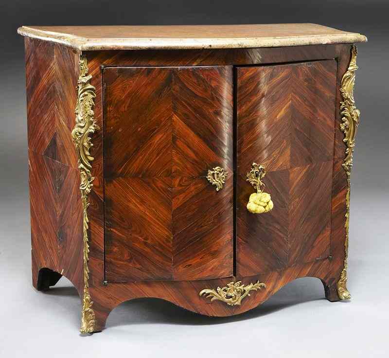 Appraisal: Transitional Louis XV XVI marble top commodewith diamond parquetry inlay