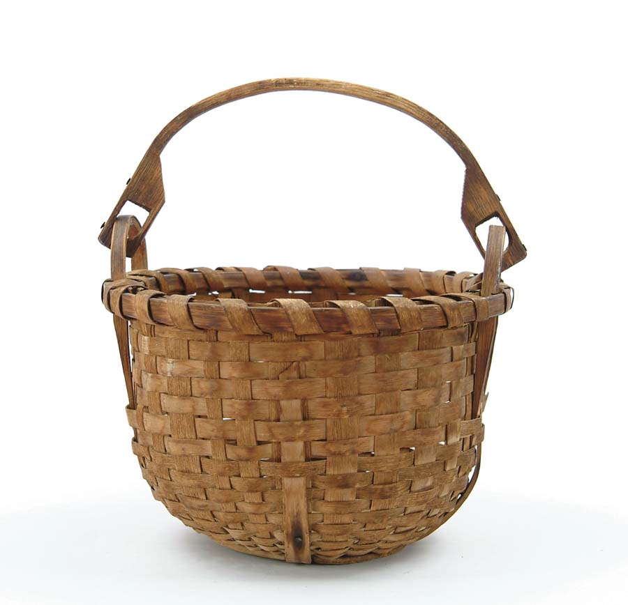 Appraisal: SWING HANDLE SPLINT BASKET Round wood bottom carved wood handles