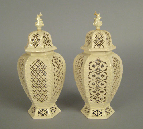 Appraisal: Pair of Leeds pottery creamware reticulated covered urns h