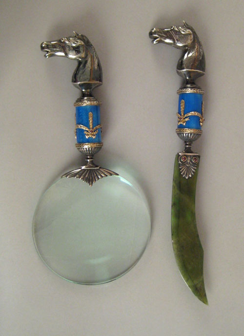 Appraisal: Russian silver and guilloche enamel letter opener and magnifying glass