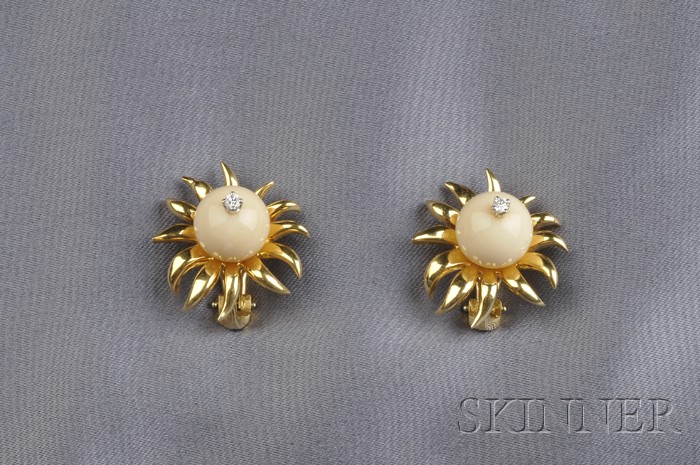 Appraisal: kt Gold Coral and Diamond Earclips Schlumberger Tiffany Co each