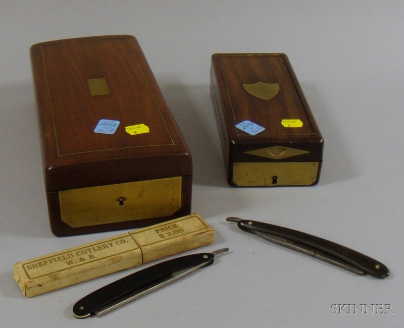 Appraisal: Two Gentleman's Brass Inlaid Mahogany Dresser Boxes both with personal