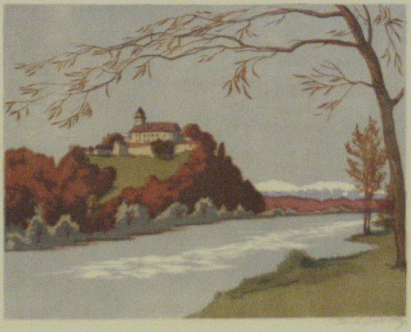 Appraisal: Carl Rotky Austrian - Riverside Scene n d Color linocut