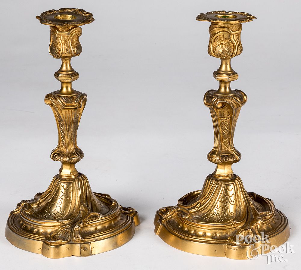 Appraisal: Pair of French gilt bronze candlesticks th c Pair of