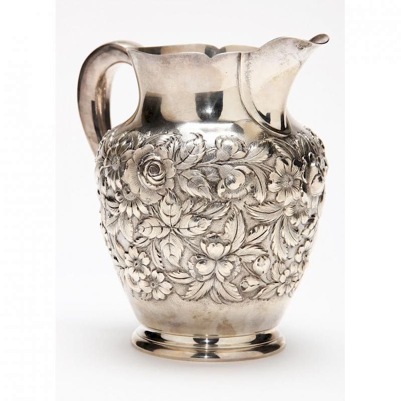 Appraisal: S Kirk Son Repousse Sterling Silver Water Pitcher hand-decorated pattern