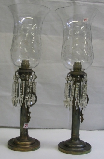 Appraisal: TWO PAIR OF EARLY AMERICAN HURRICANE LAMPS with clear hanging