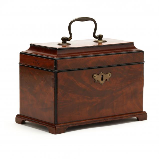 Appraisal: A GEORGE III MAHOGANY TEA CADDY Circa mahogany veneers oak