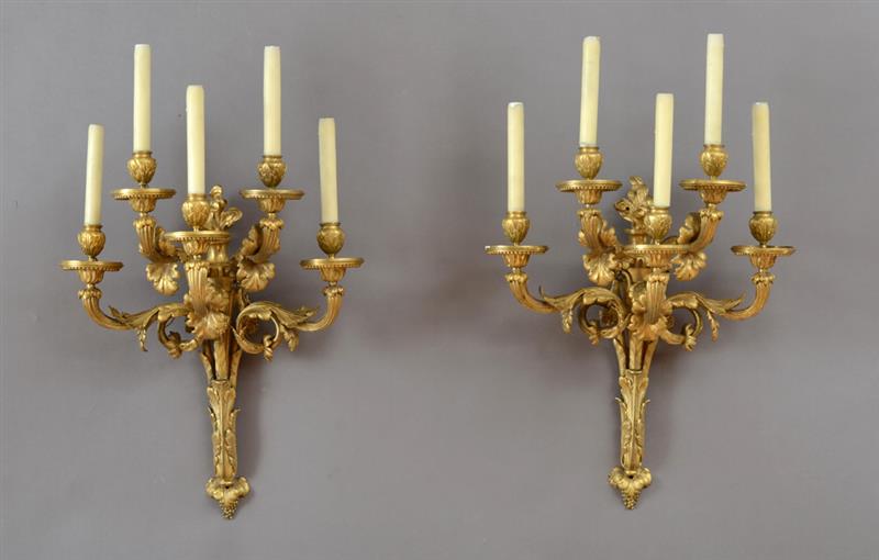 Appraisal: PAIR OF LOUIS XVI STYLE GILT-BRONZE FIVE-LIGHT WALL APPLIQUES Each