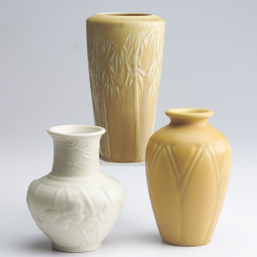 Appraisal: ROOKWOOD Three Production vases two in matte yellow one geometric