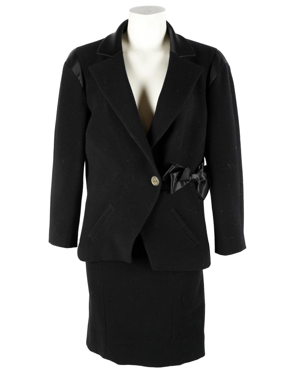 Appraisal: CHANEL BLACK SKIRT SUITwool and spandex with silk lining the