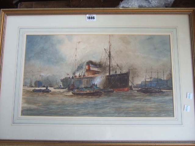 Appraisal: Charles Dixon - A busy shipping scene watercolour cm x