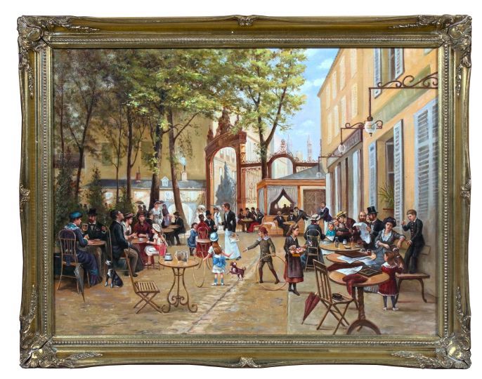 Appraisal: French School Mid- th Century Parisian Cafe Scene oil on