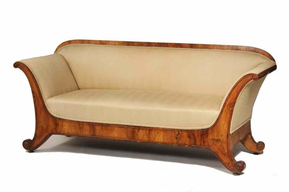 Appraisal: BIEDERMEIER SOFA - Flame Mahogany Framed Biedermeier Sofa fully upholstered