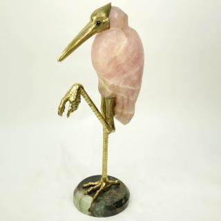 Appraisal: Large Rose Quartz and Brass Egret Sculpture On Marble Base