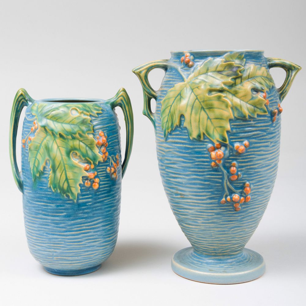 Appraisal: Two Roseville Pottery Glazed 'Bushberry' Vases Cast signature The larger