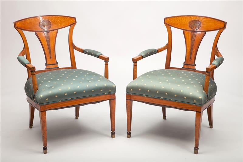 Appraisal: Pair of Eastern European Neoclassical Style Elmwood Armchairs x x