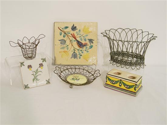 Appraisal: Handpainted bird tile '' floral tile '' wire basket with