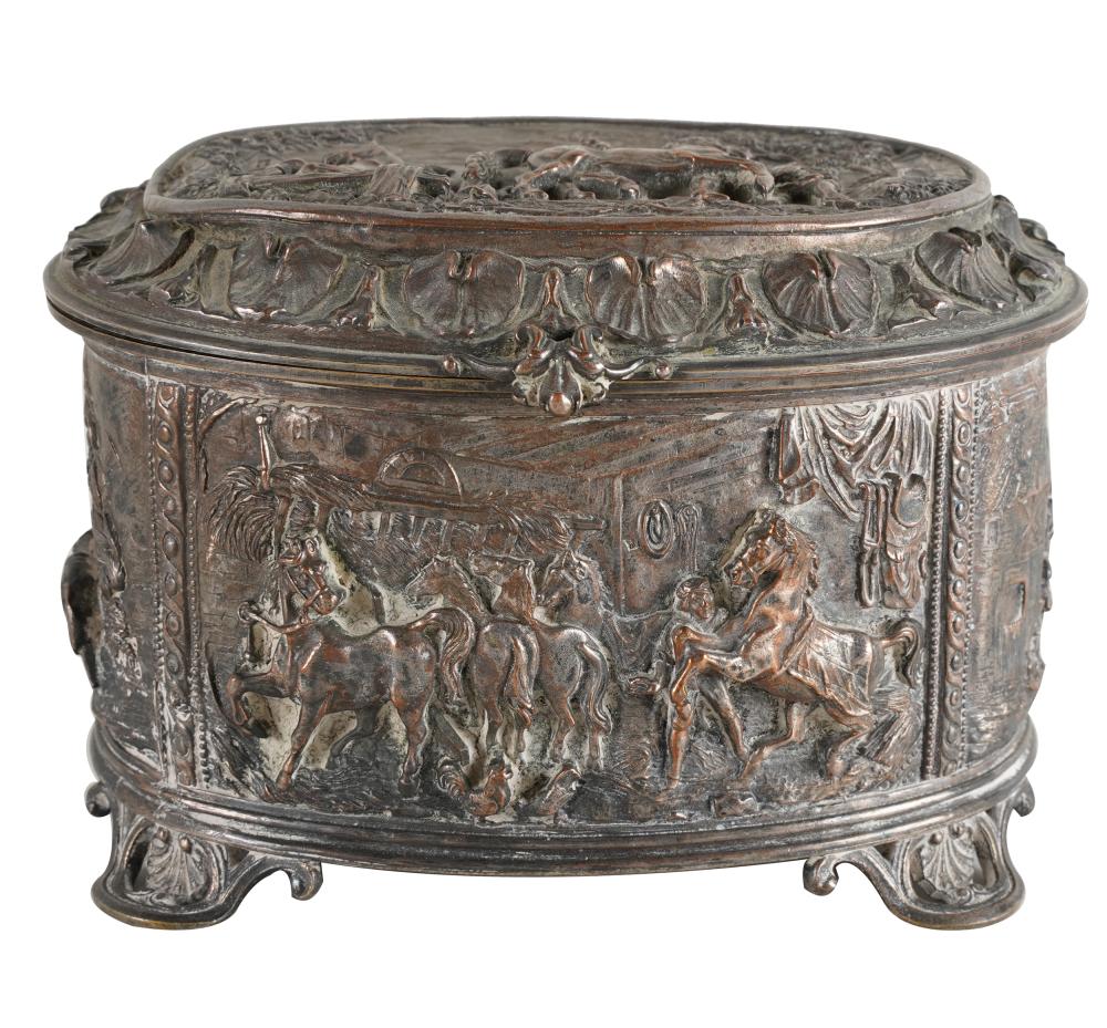 Appraisal: REPOUSSE SILVER ON COPPER VANITY BOXdepicting horses throughout with a