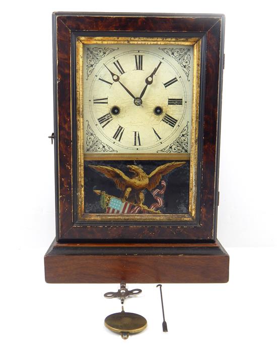 Appraisal: Late th C American mantel clock mahogany veneer beveled rectangular