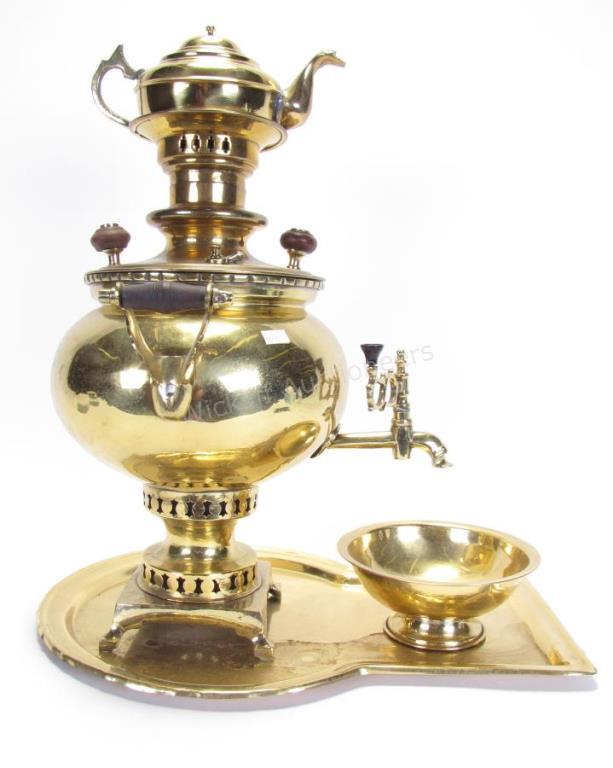 Appraisal: Large Russian Brass Samovar with Tea Kettle removable tea kettle