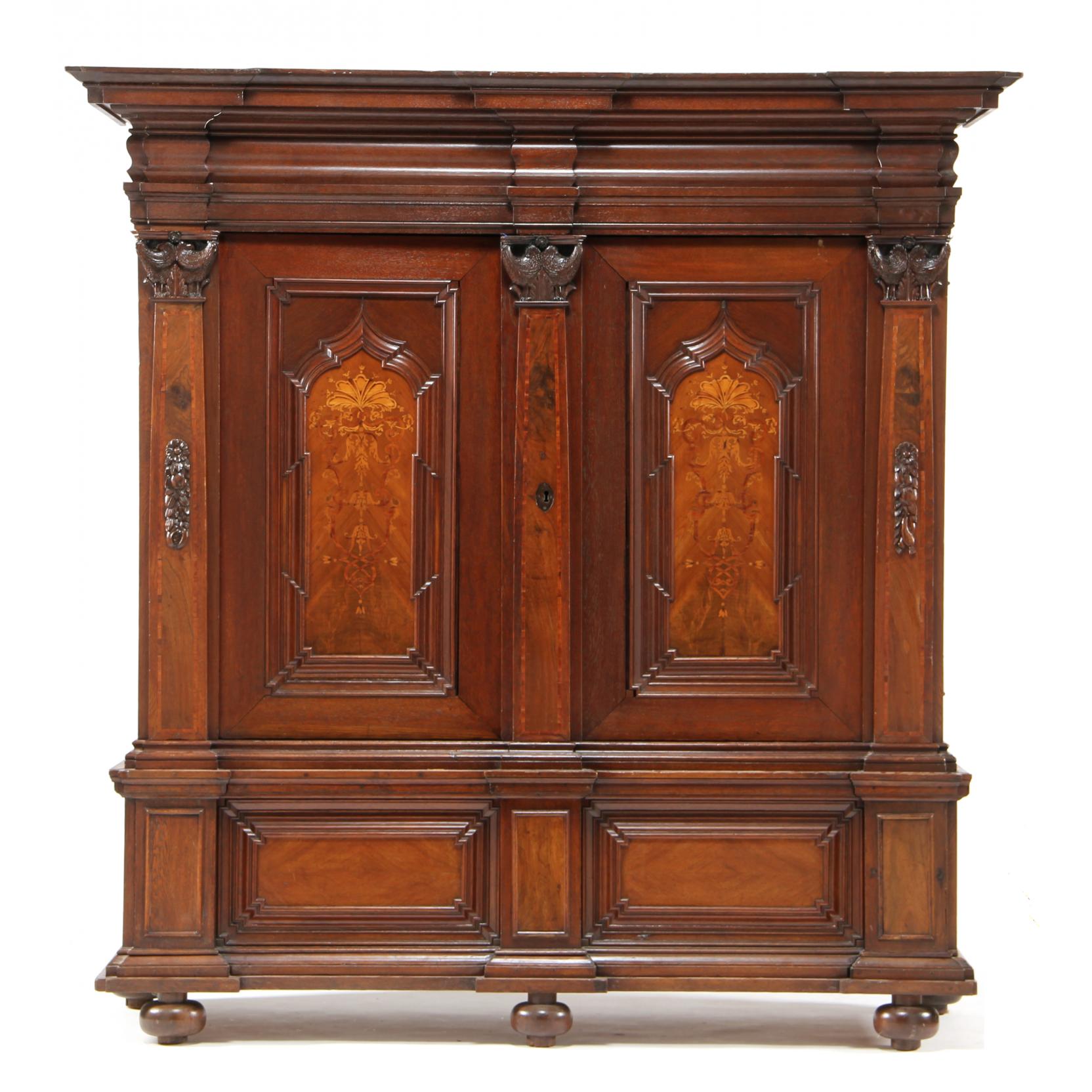 Appraisal: German Inlaid Schrank th century oak mahogany veneer one piece