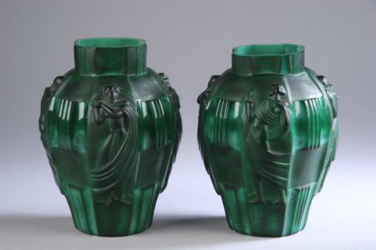 Appraisal: PAIR CZECH ART DECO MALACHITE GLASS VASES Circa s Shaped